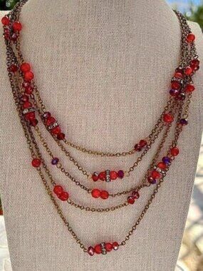 Coldwater Creek Multistrand Red & Brass Necklace